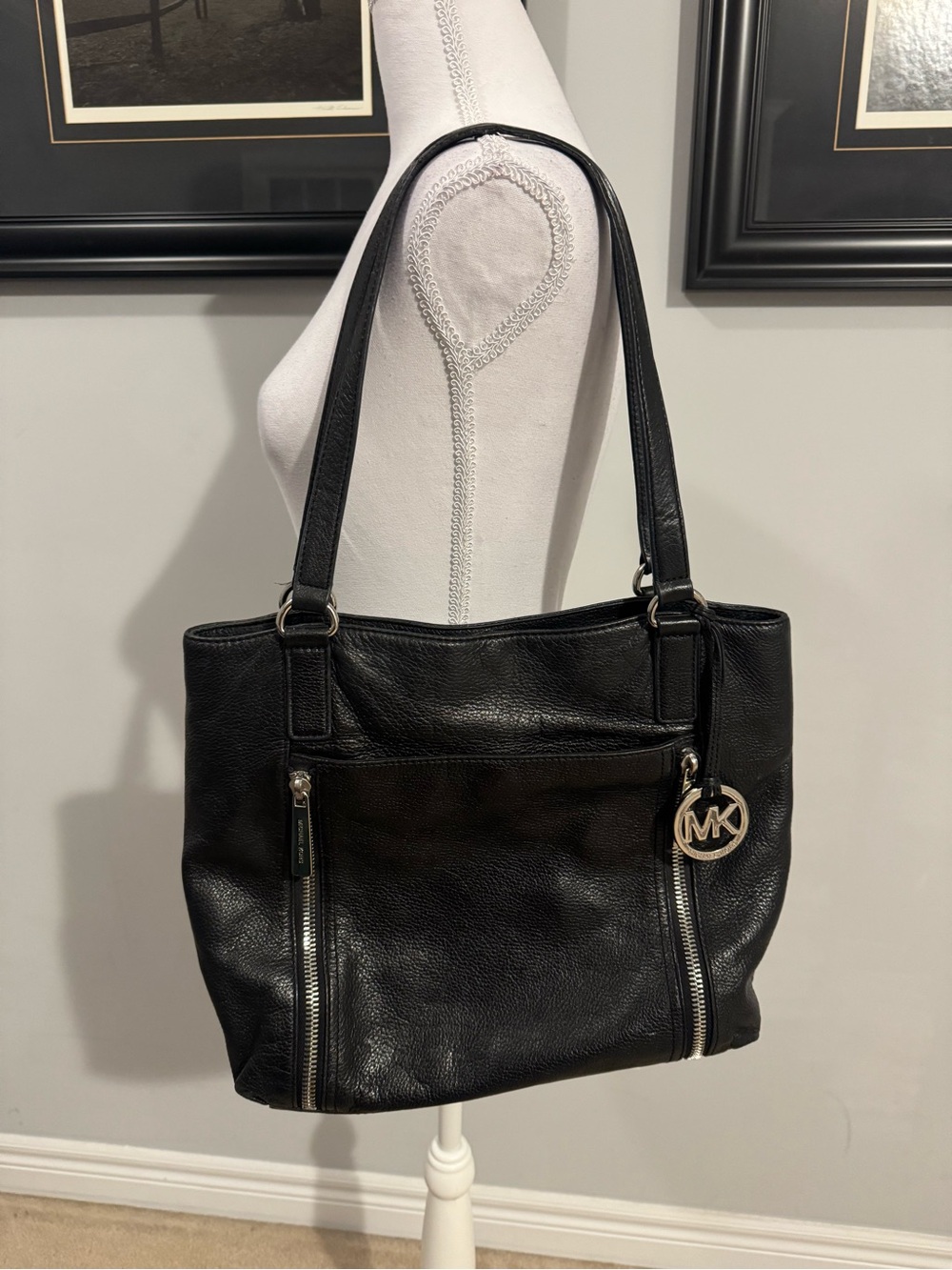 Michael Kors Black Pebbled Leather Shoulder Bag with MK Charm